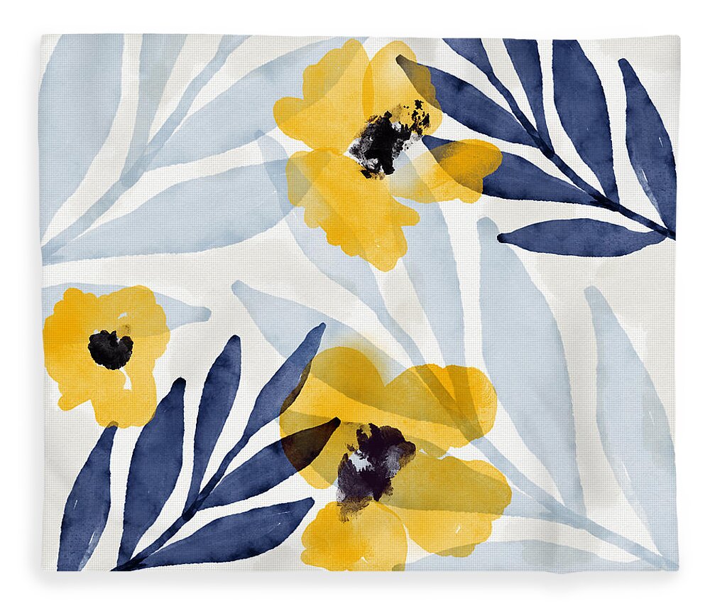 Flowers Fleece Blanket featuring the mixed media Yellow and Navy 2- Floral Art by Linda Woods by Linda Woods