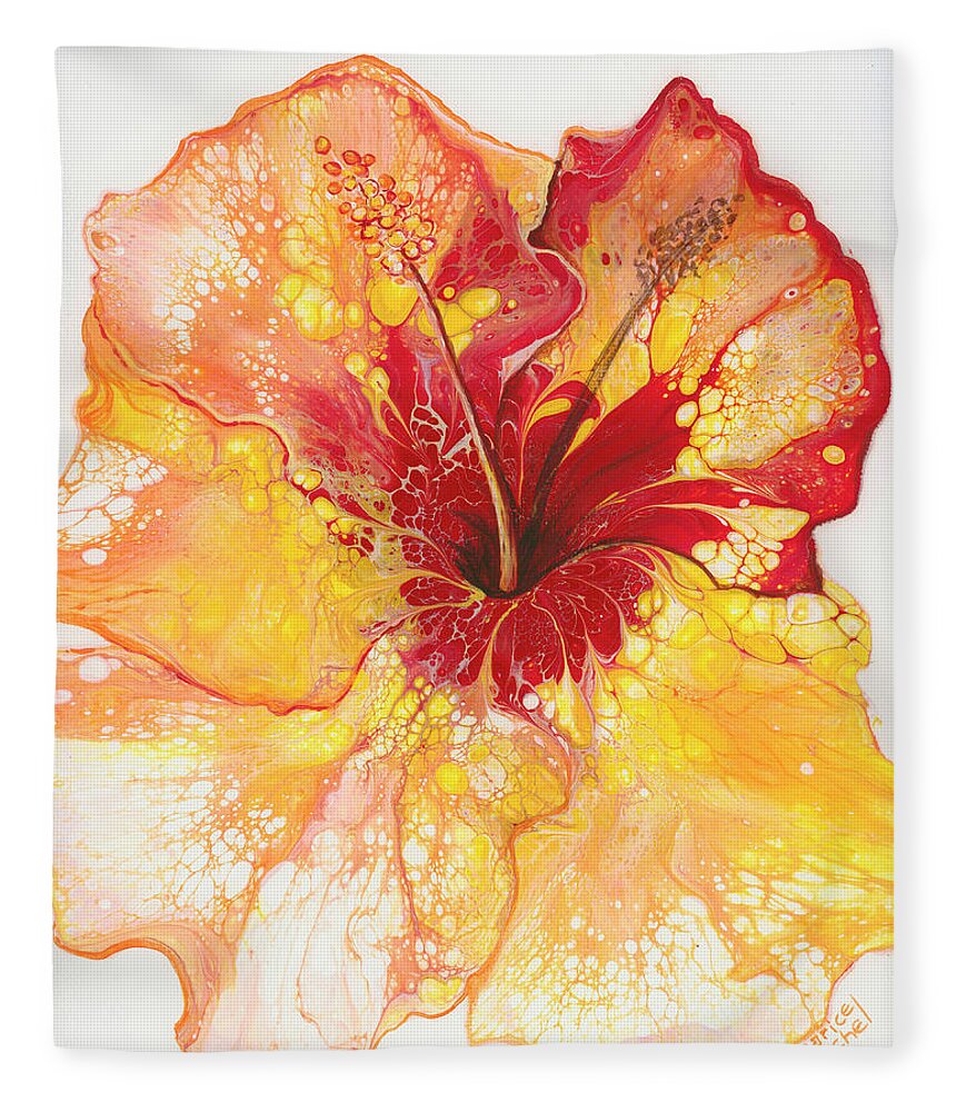 Hibiscus Fleece Blanket featuring the painting Yellow and Red Hibiscus by Darice Machel McGuire