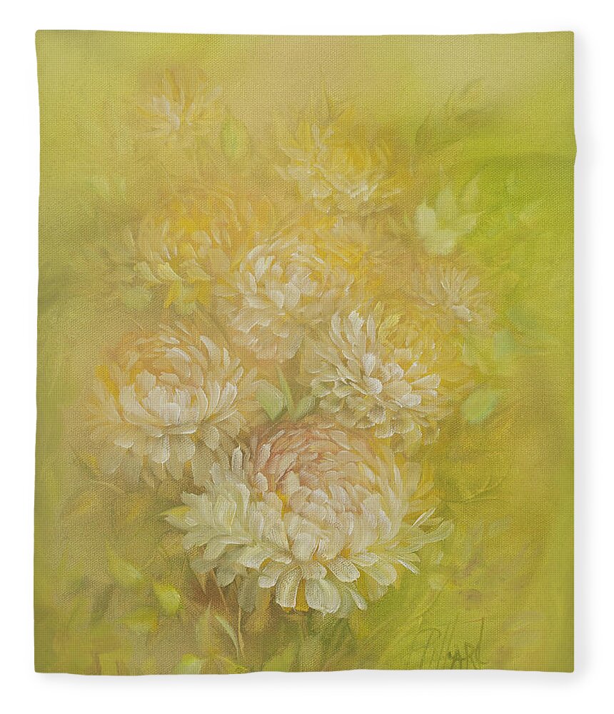 Chrysanthemums Fleece Blanket featuring the painting Yellow Chrysanthemums by Lynne Pittard