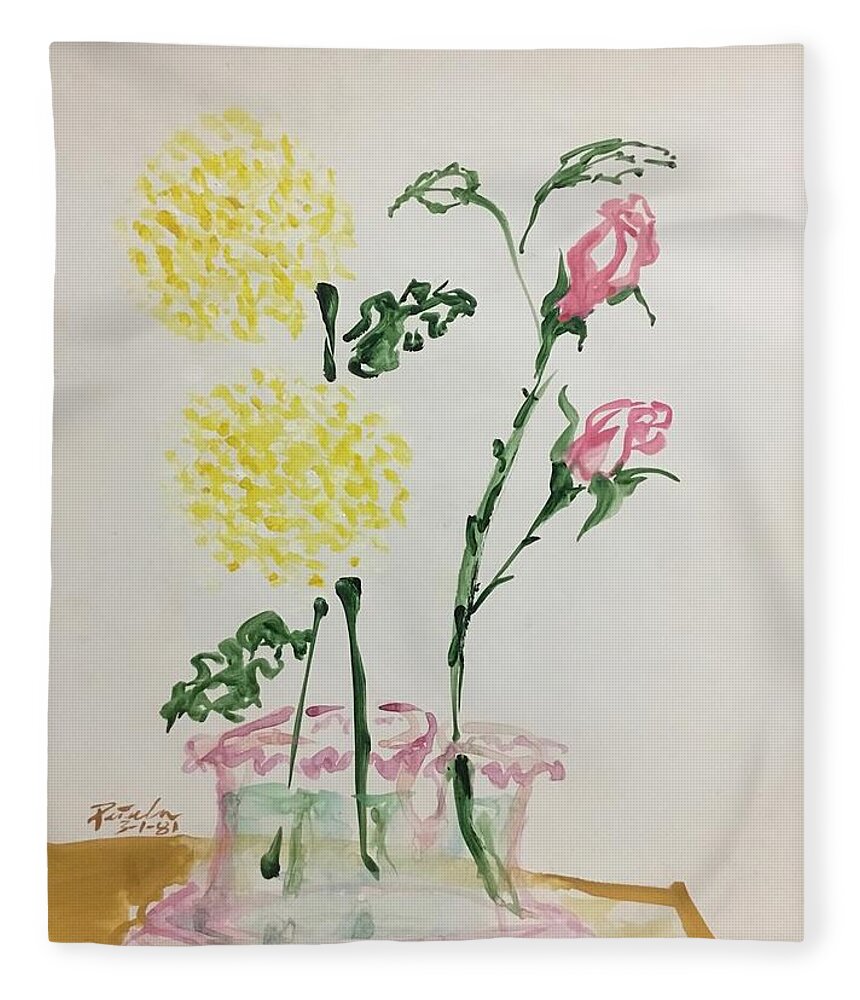 Ricardosart37 Fleece Blanket featuring the painting Yellow Mums and Pink Roses by Ricardo Penalver deceased