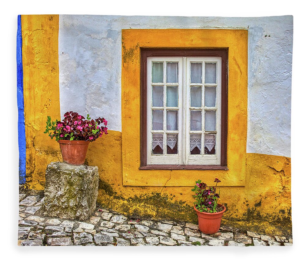 Window Fleece Blanket featuring the photograph Yellow Window of Obidos by David Letts