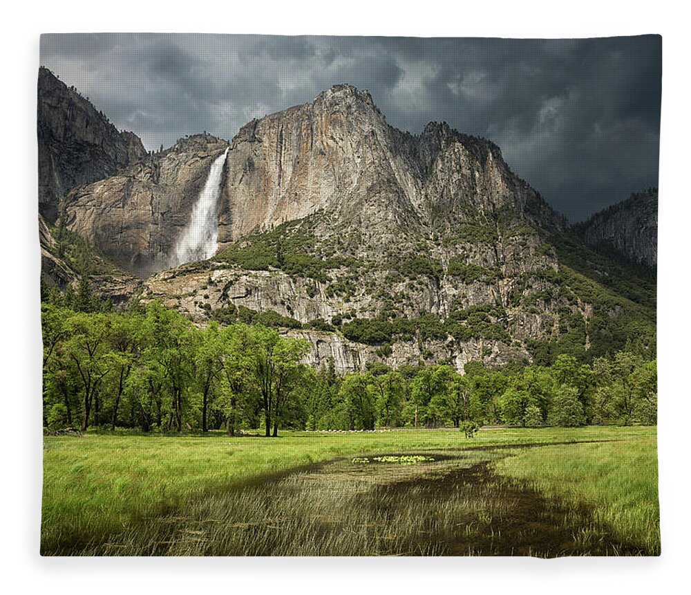 Scenics Fleece Blanket featuring the photograph Yosemite Falls View With Stomy Sky + by Alice Cahill
