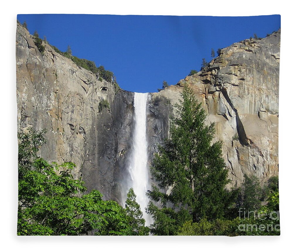 Yosemite Fleece Blanket featuring the photograph Yosemite National Park Bridal Veil Falls Waterfall Close Up View with Clear Blue Sky by John Shiron