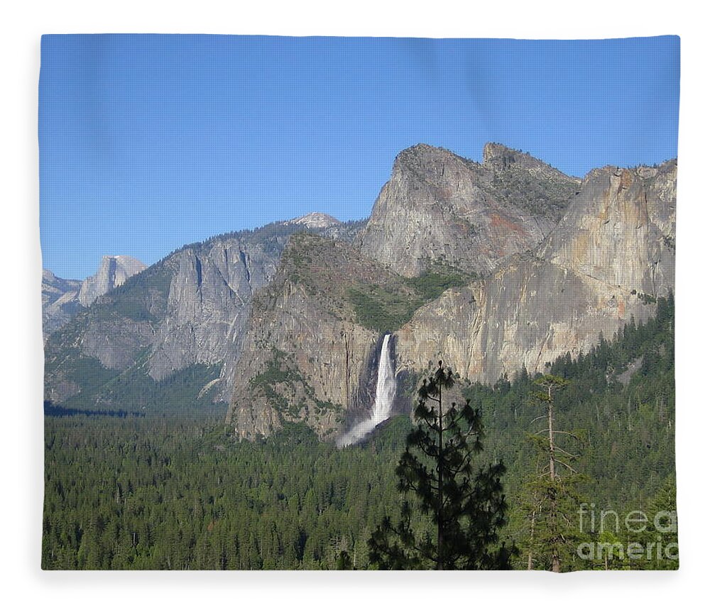 Yosemite Fleece Blanket featuring the photograph Yosemite Valley Yosemite National Park Bridal Veil Falls and Half Dome A Panoramic View by John Shiron