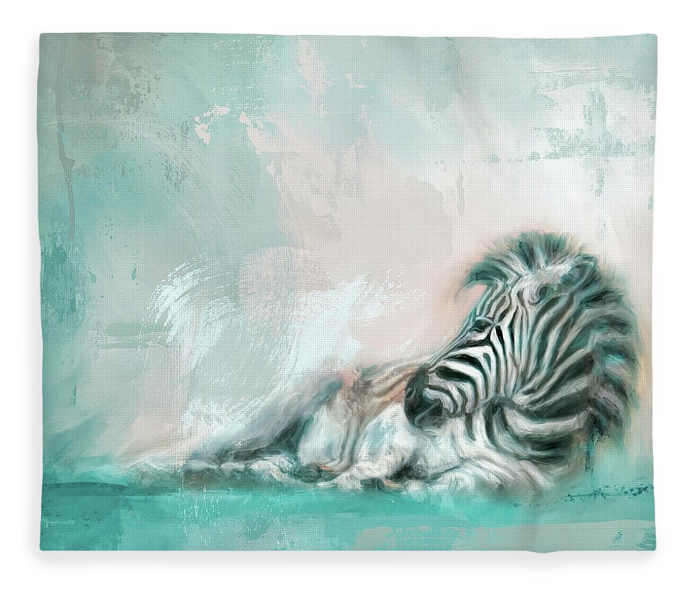 Colorful Fleece Blanket featuring the painting Zebra At Rest Coastal Colors by Jai Johnson