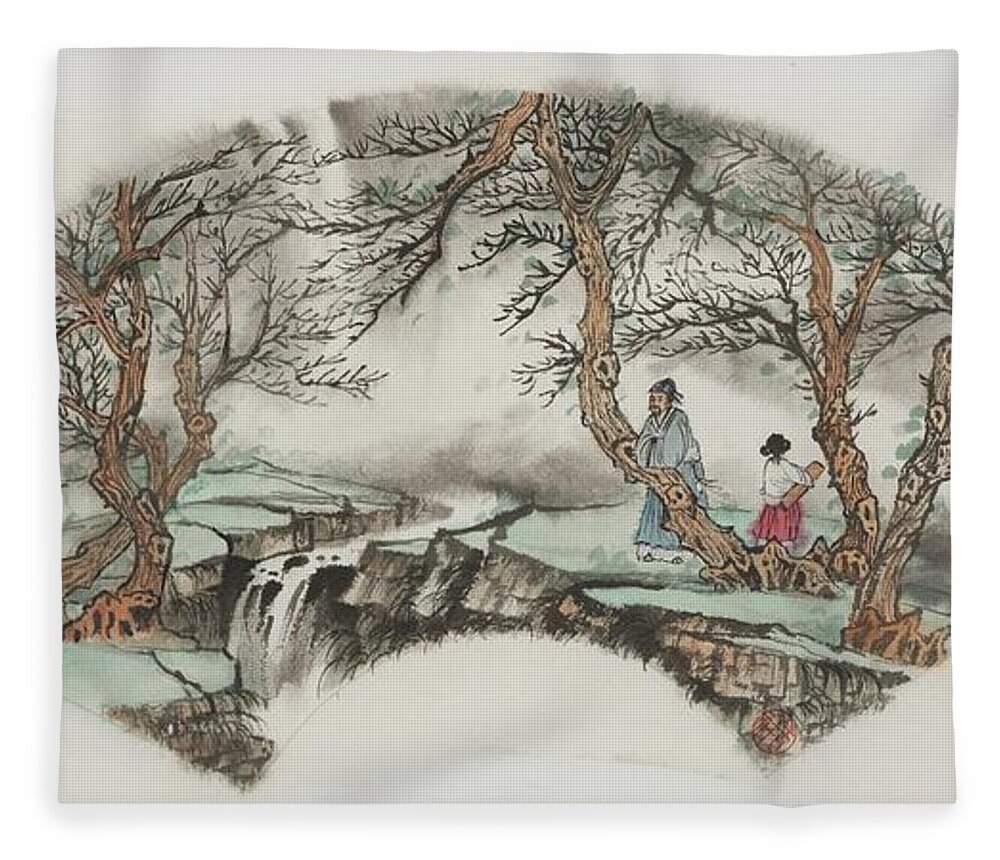 Chinese Watercolor Fleece Blanket featuring the painting Zheng Player by Jenny Sanders