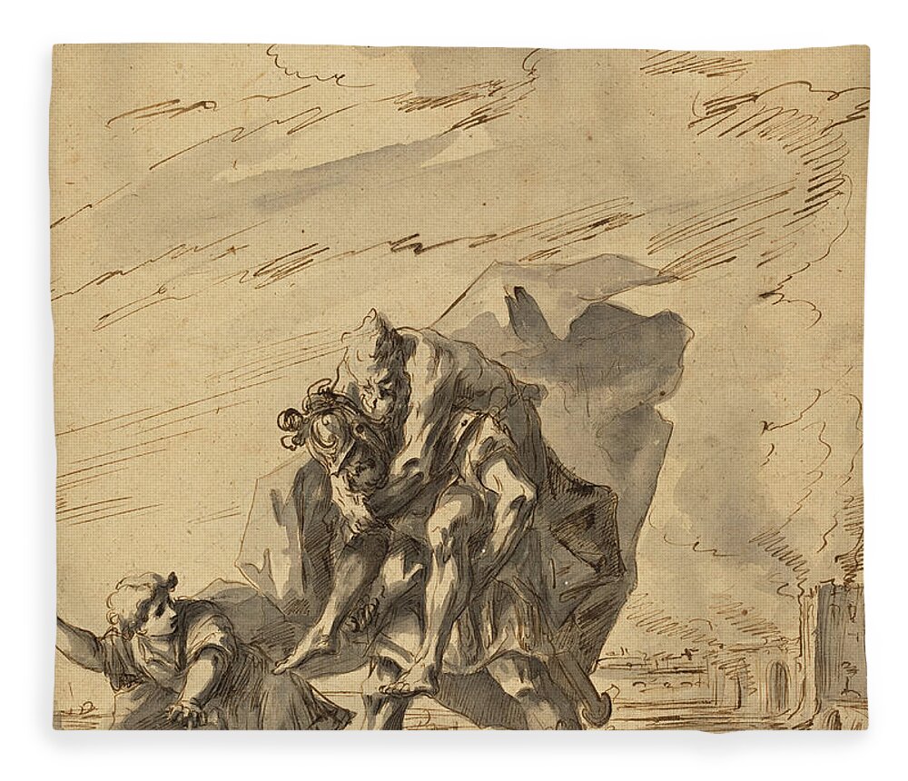 Gaspare Diziani Fleece Blanket featuring the drawing Aeneas Carrying Anchises from Burning Troy by Gaspare Diziani