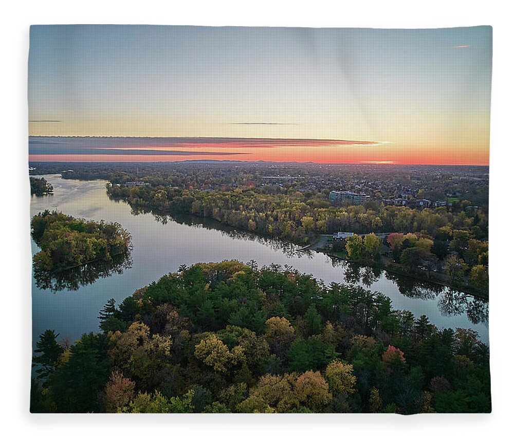 Drone Fleece Blanket featuring the photograph Areal Sunset on the MilleIles river #1 by Carl Marceau