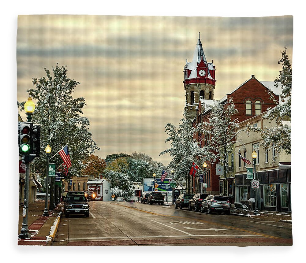 Stoughton Fleece Blanket featuring the photograph Beautiful Bedazzled Burg - Stoughton Wisconsin dusted with snow with fall colors still showing by Peter Herman