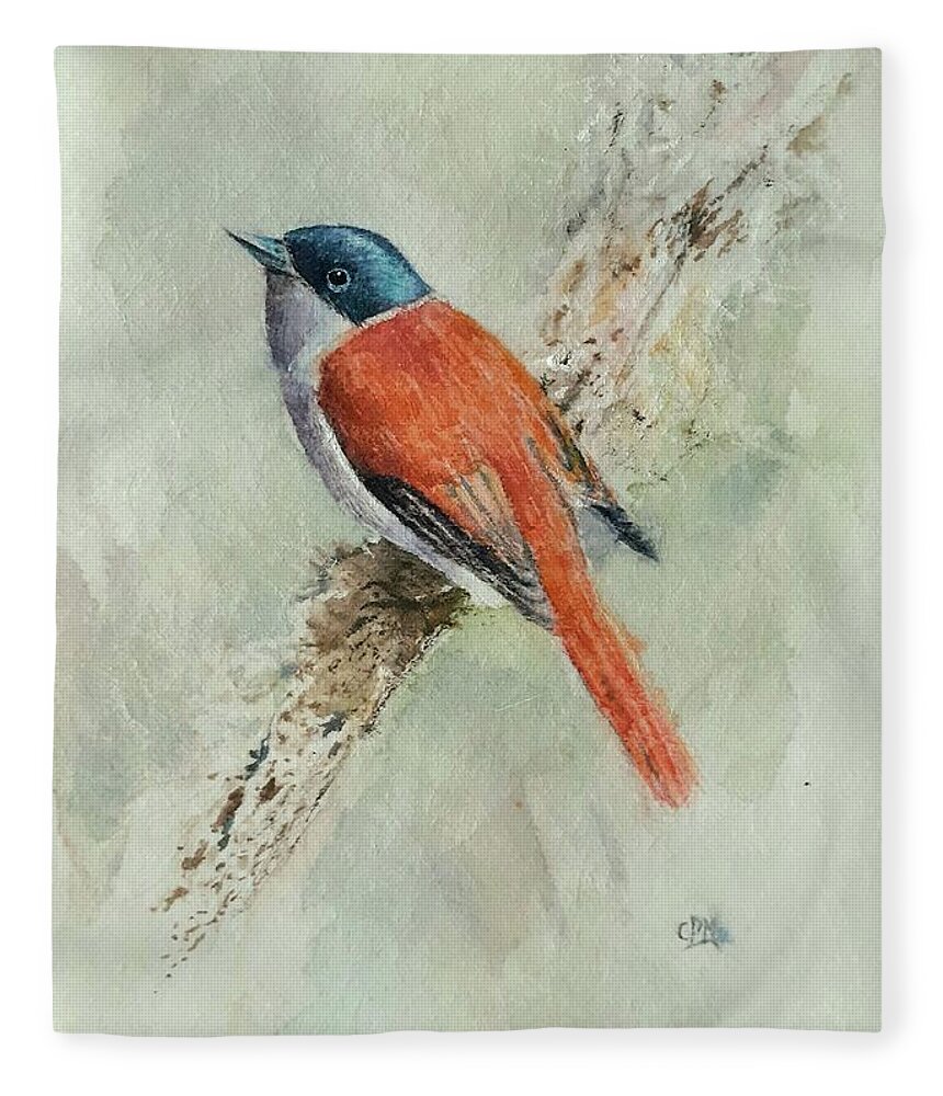 Watercolors Fleece Blanket featuring the drawing Bird on a branch #1 by Carolina Prieto Moreno