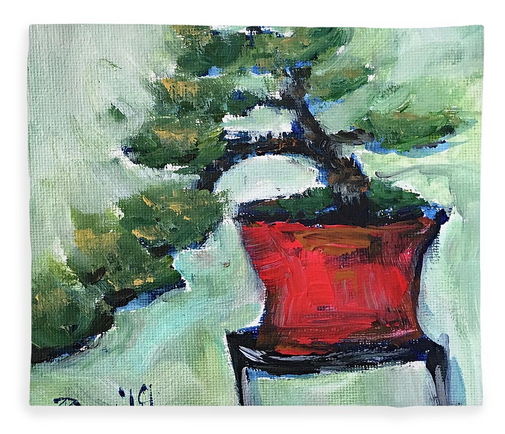 Bonsai Fleece Blanket featuring the painting Bonsai in a Red Pot by Roxy Rich