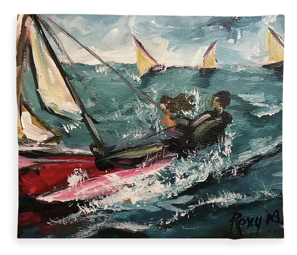 Catamaran Fleece Blanket featuring the painting Cat Sailing by Roxy Rich