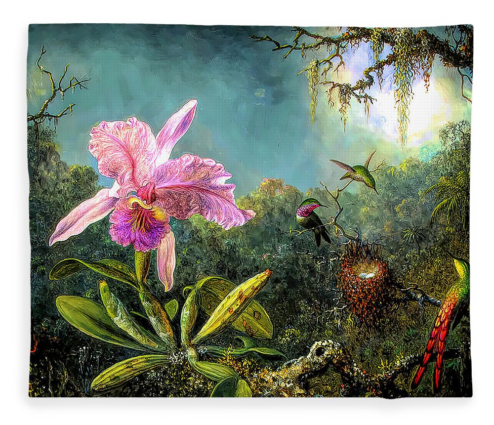 Cattleya Orchid And Three Brazilian Hummingbirds Fleece Blanket featuring the painting Cattleya Orchid and Three Brazilian Hummingbirds by Martin Johnson Heade