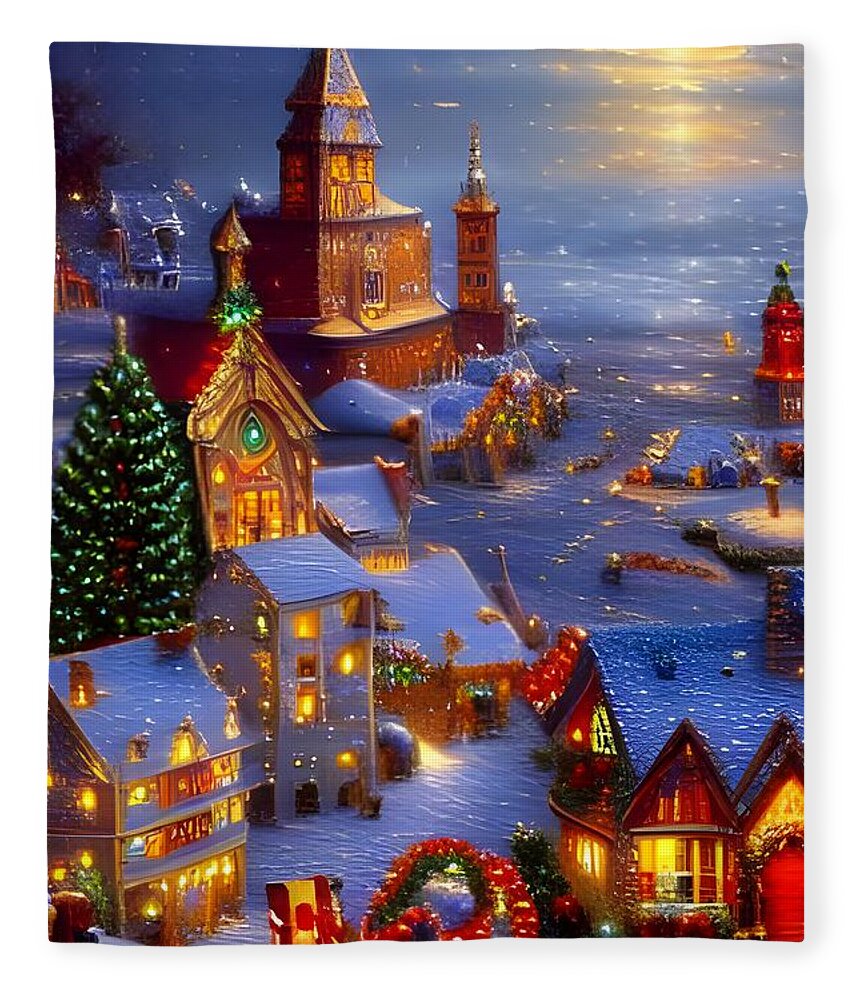 Digital Christmas Village Snow Fleece Blanket featuring the digital art Christmas Village by Beverly Read