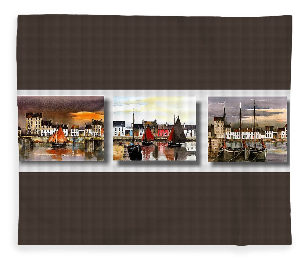 Ireland Fleece Blanket featuring the painting Cladagh Harbour Galway #1 by Val Byrne