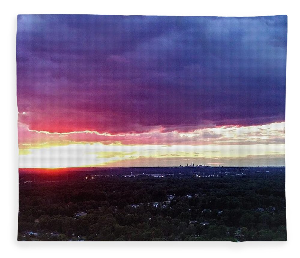  Fleece Blanket featuring the photograph Cleveland Sunset - Drone by Brad Nellis