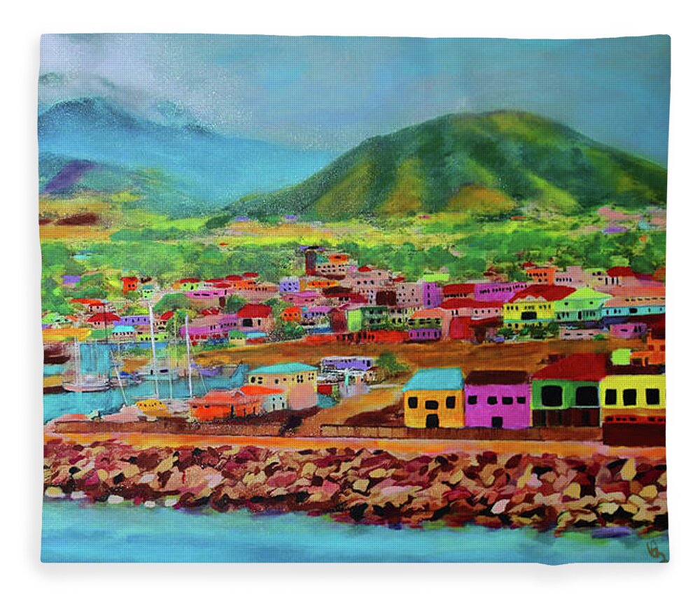 Caribbean Fleece Blanket featuring the painting Docked in St Kitts by Deborah Boyd