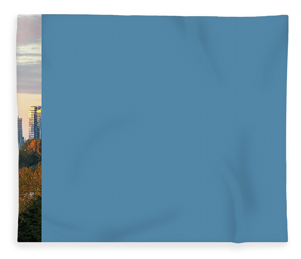 Outdoor; Sunset; Twilight; Cityscape; Bellevue; Downtown; Highrises; Lake; Lake Washington; Mountains; Snow; Glaciers; Reflections; East Portal Viewpoint; Seattle; I90; East Side; Washington Fleece Blanket featuring the digital art Downtown Bellevue from East Portal Viewpoint Seattle by Michael Lee