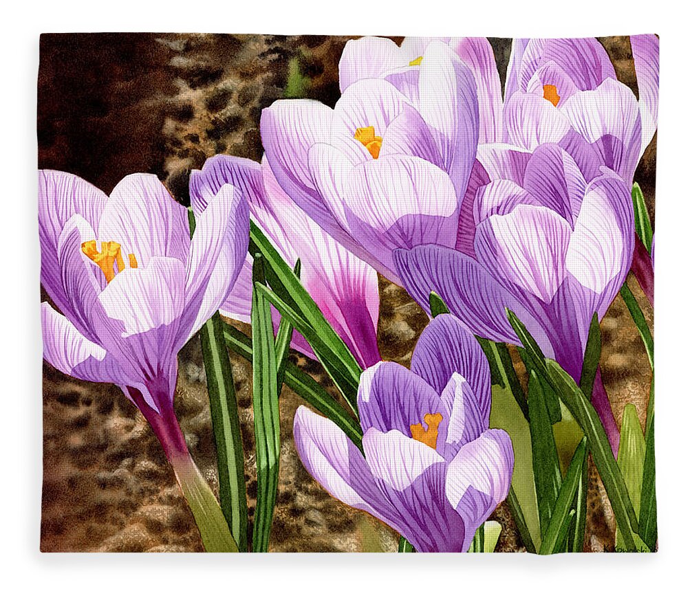 Crocus Fleece Blanket featuring the painting Early Spring by Espero Art