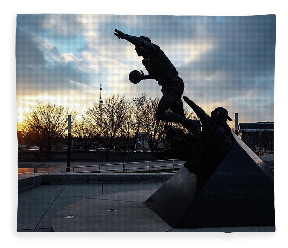 Msu Spartans Fleece Blanket featuring the photograph Earvin Magic Johnson statue at sunset at Michigan State University by Eldon McGraw