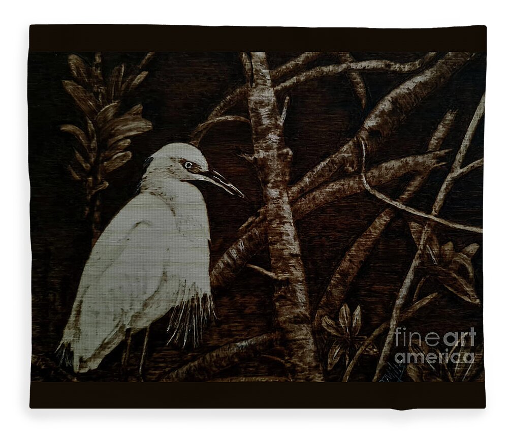 Bird Fleece Blanket featuring the pyrography Egret in the Mangroves #1 by Terri Mills