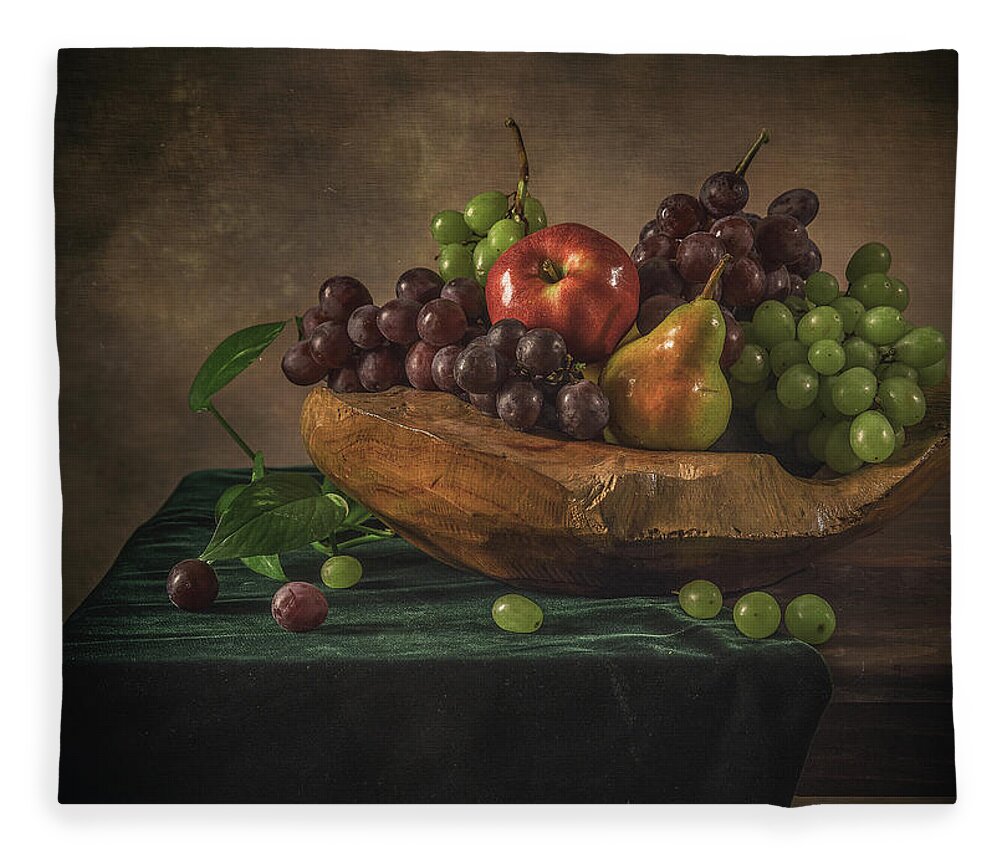 Still Life Fleece Blanket featuring the pyrography Fruits by Anna Rumiantseva