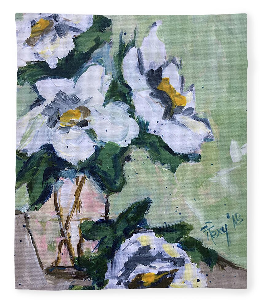 Gardenias Fleece Blanket featuring the painting Gardenias #1 by Roxy Rich