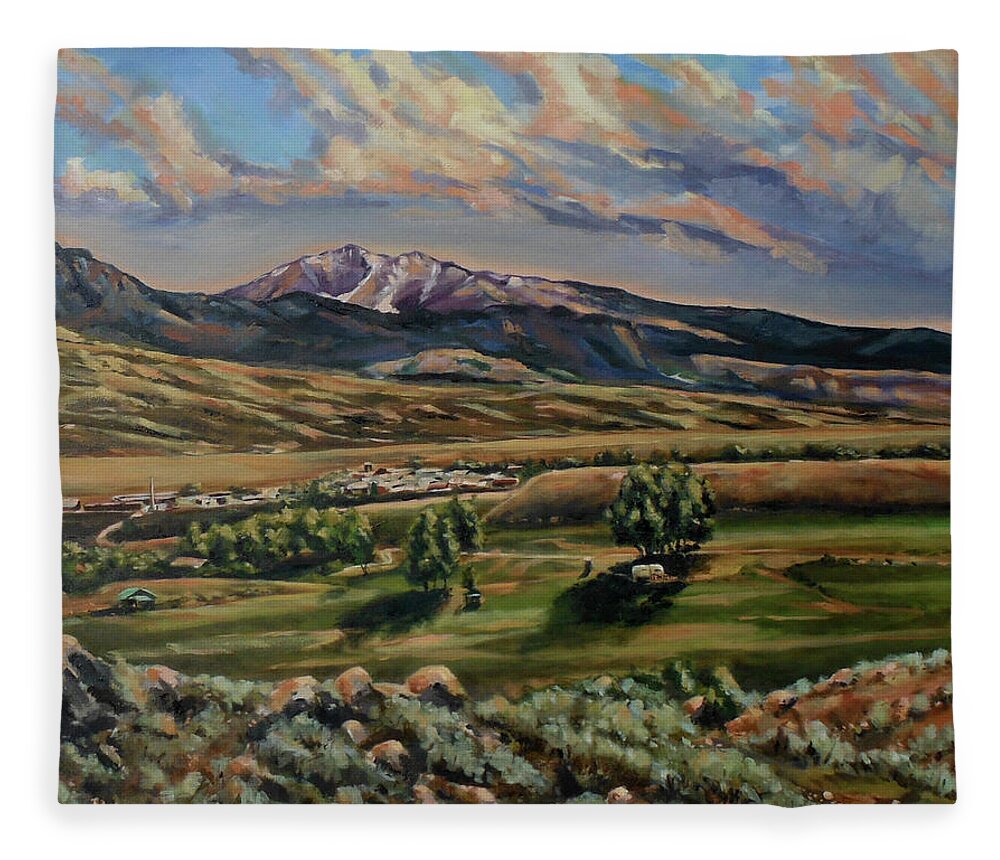 Western Landscape Fleece Blanket featuring the painting Gardiner and Electric Peak From Scotty's Place by Les Herman