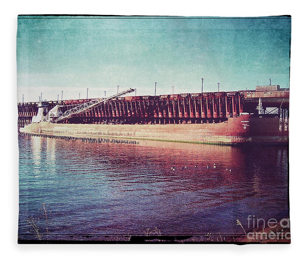 Railroad Fleece Blanket featuring the digital art Great Lakes Freighter #1 by Phil Perkins