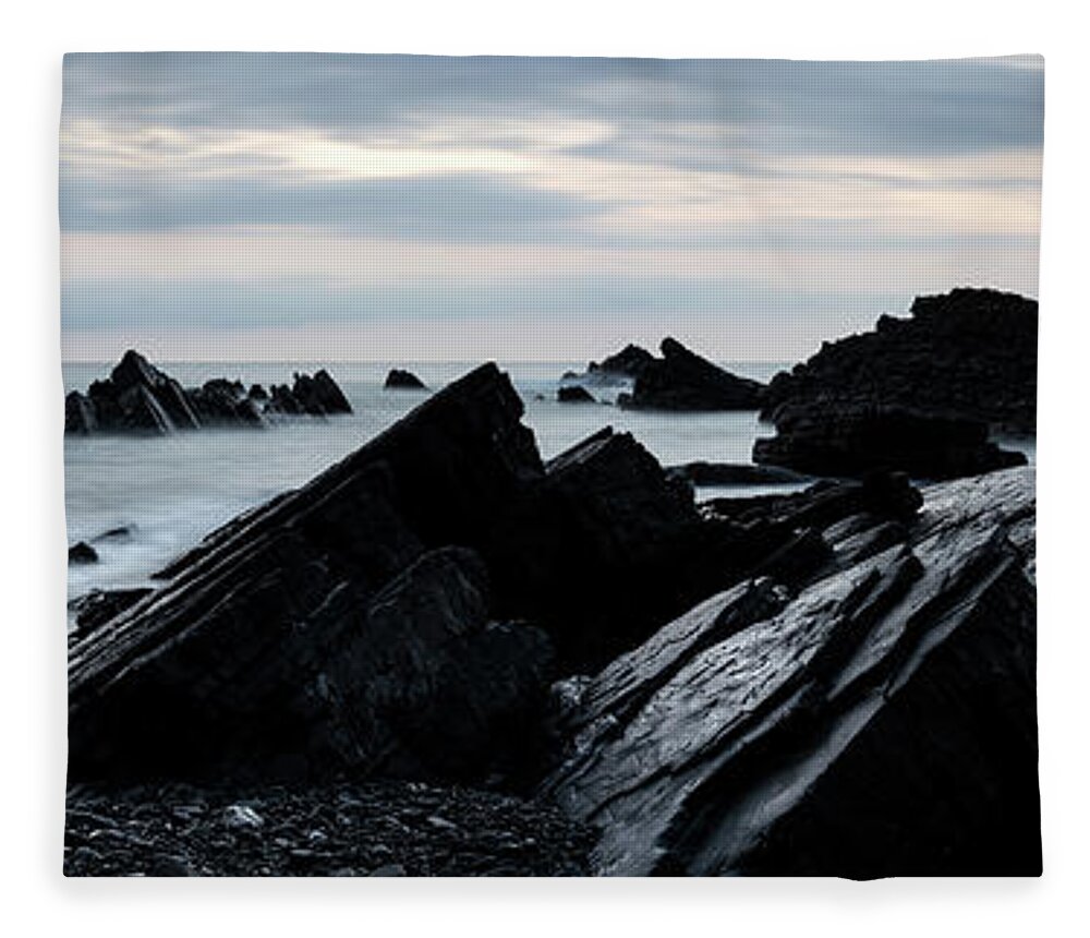 Coast Fleece Blanket featuring the photograph Hartland Quay North Devon south west coast path blue hour #1 by Sonny Ryse