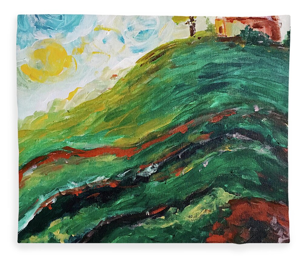 Landscape Fleece Blanket featuring the painting House on a Hill by Roxy Rich