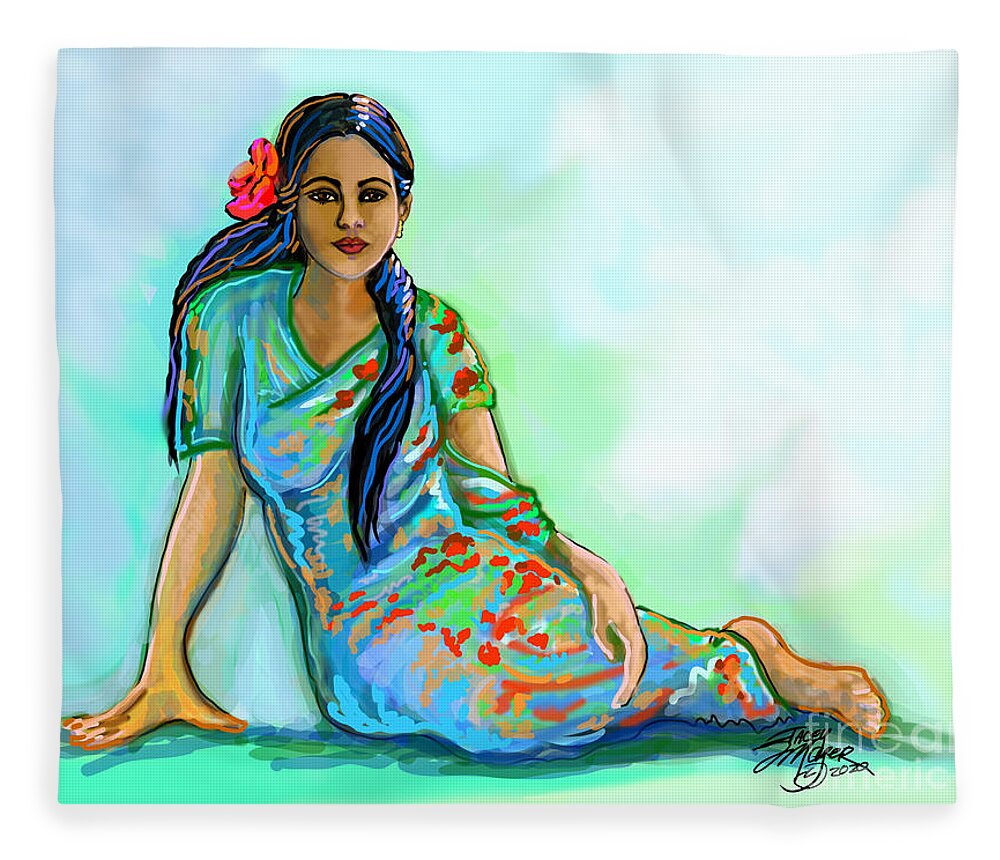 Indian Woman With Sari Fleece Blanket featuring the digital art Indian Woman With Flower by Stacey Mayer