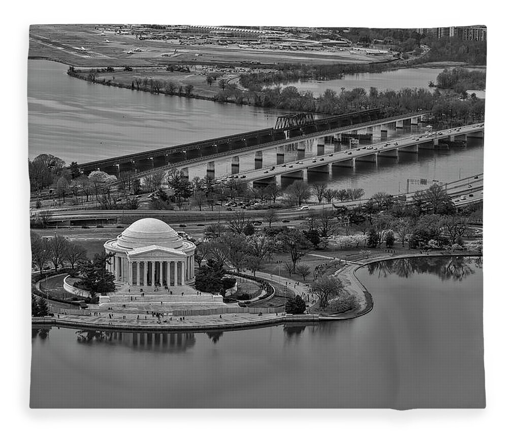 Washington Dc Fleece Blanket featuring the photograph Jefferson Memorial Aerial BW #1 by Susan Candelario