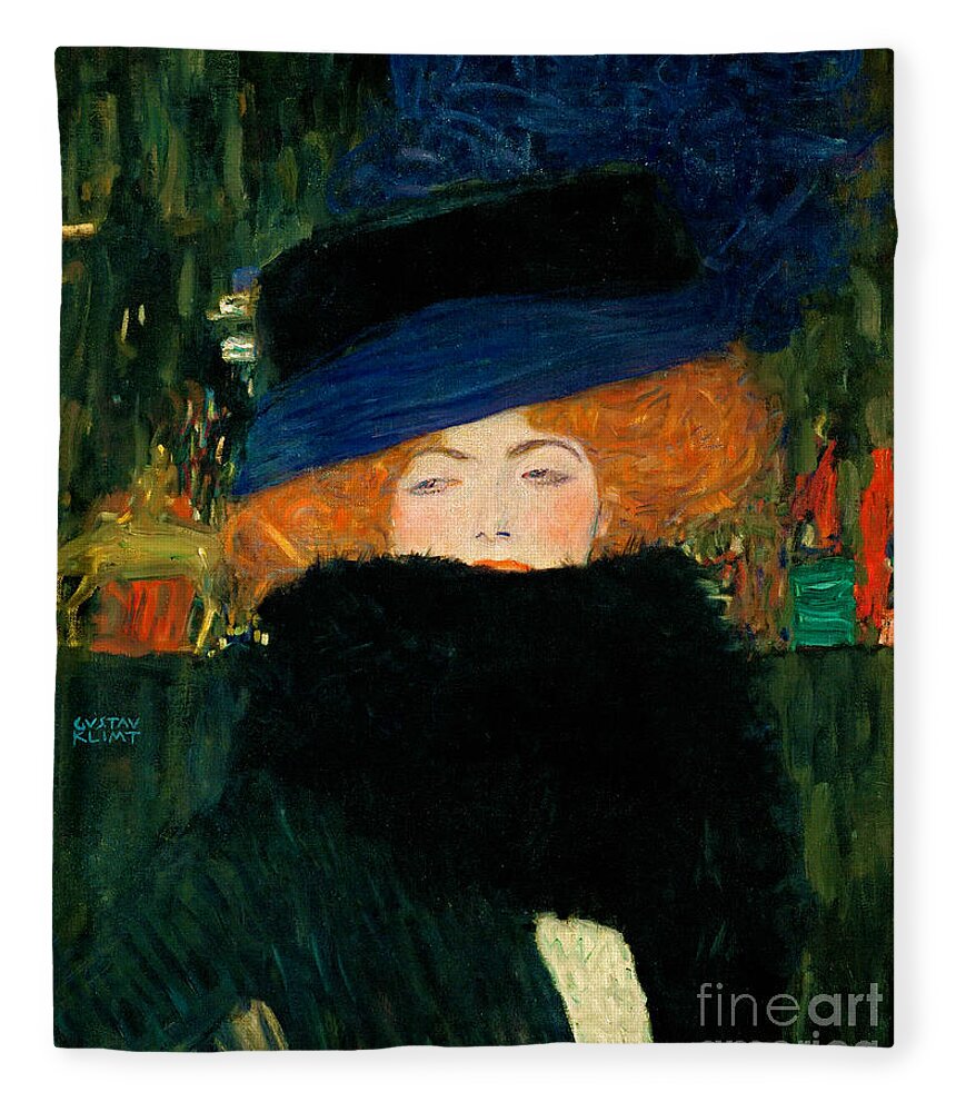 Landscape Fleece Blanket featuring the painting Lady with Hat and Feather Boa #1 by Gustav Klimt