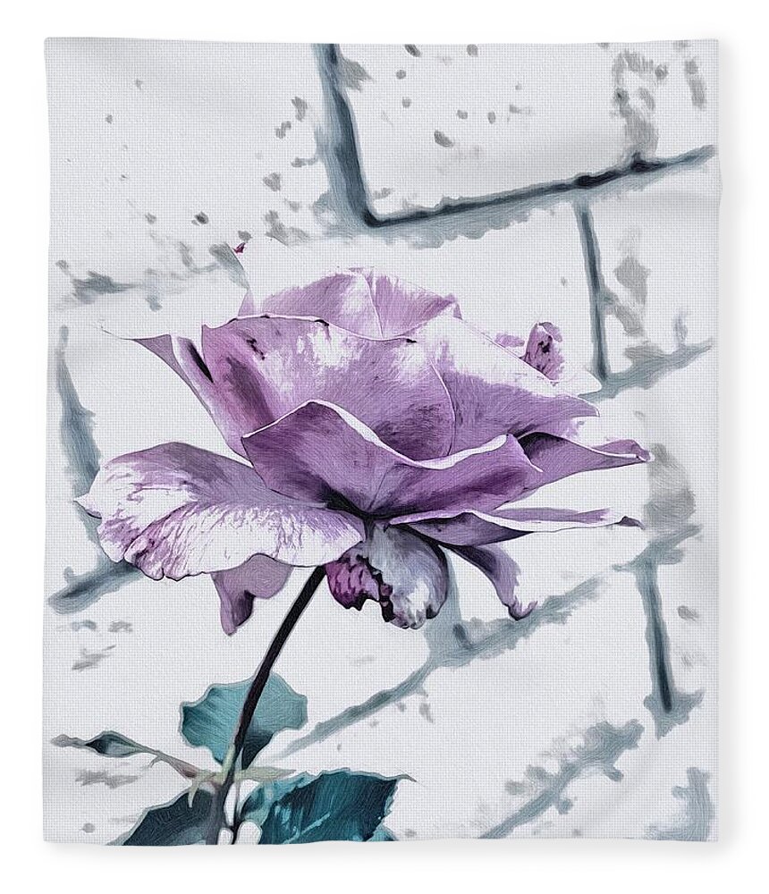 Rose Flower Lavender White Green Leaves Grey Wall Fleece Blanket featuring the digital art Lavender Rose #1 by Kathleen Boyles