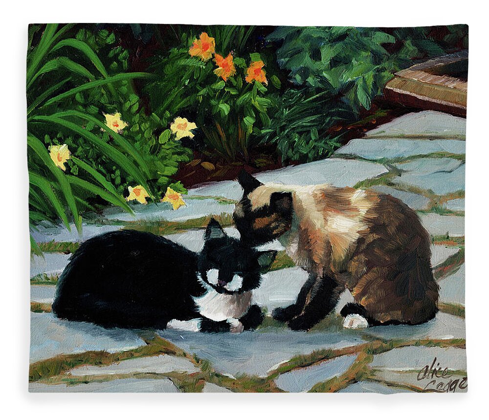 Cats Fleece Blanket featuring the painting Nikki and Oreo #1 by Alice Leggett