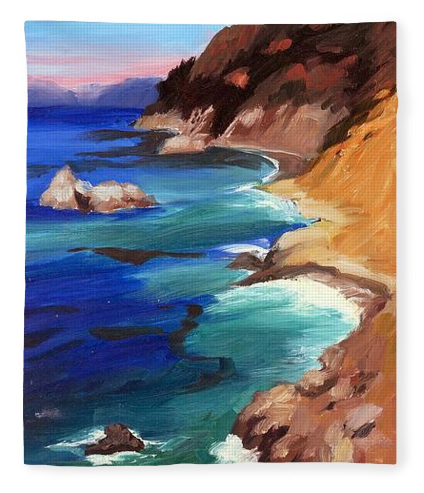 Cliff Fleece Blanket featuring the painting Ocean View at Big Sur #1 by Alice Leggett
