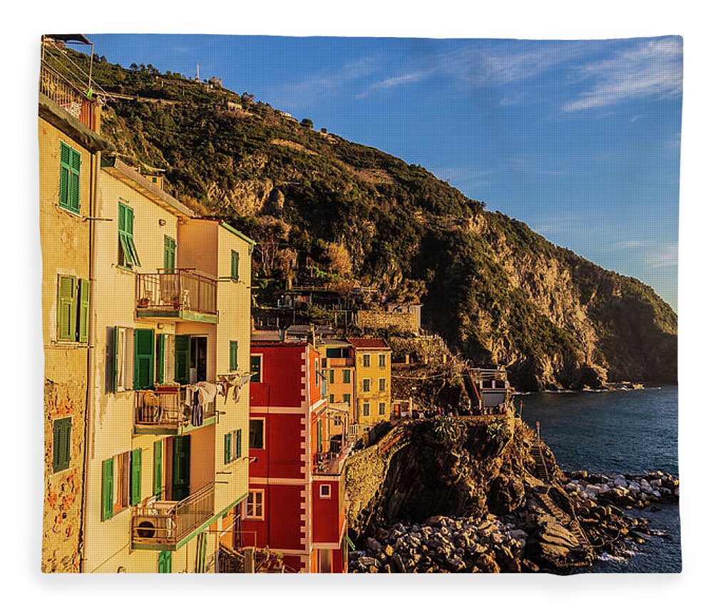 Sunset Fleece Blanket featuring the photograph Panorama of Riomaggiore #2 by Fabiano Di Paolo