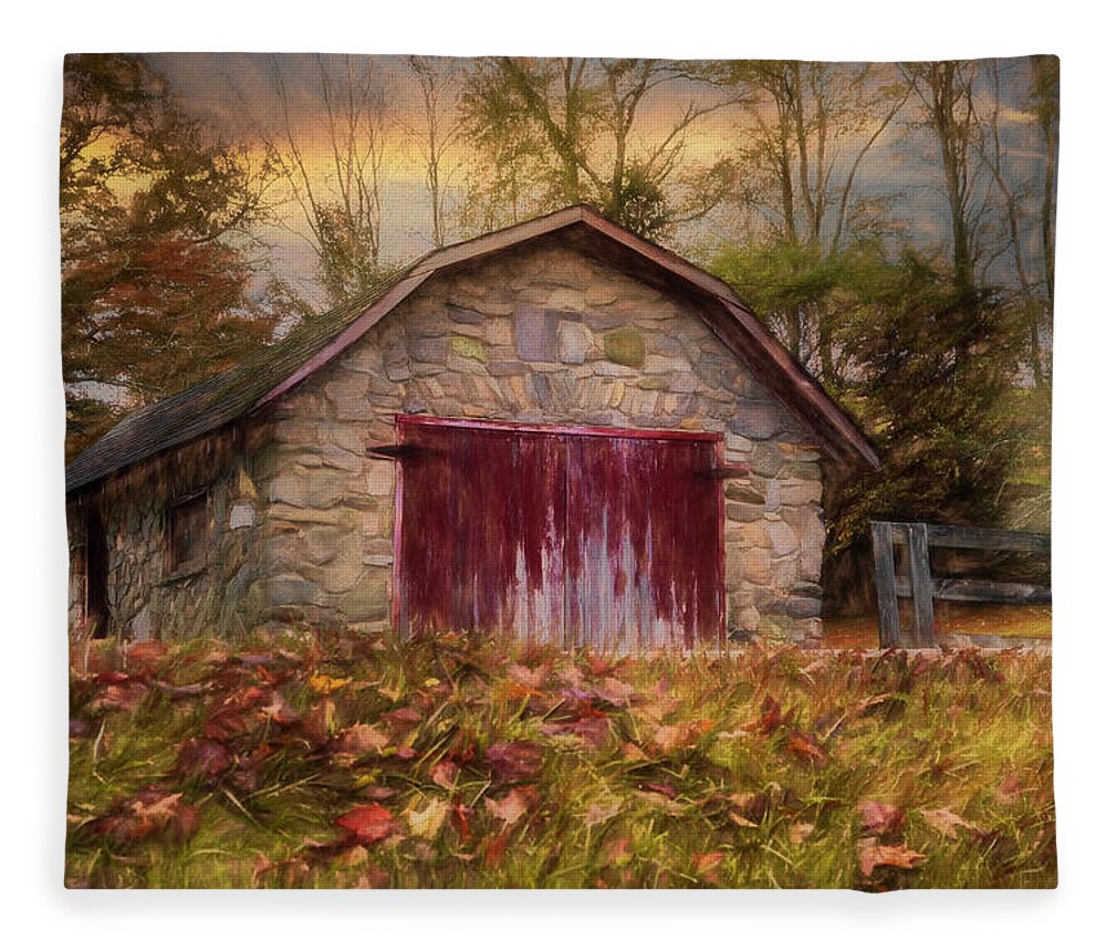 Barns Fleece Blanket featuring the photograph Red Door Barn Farm Creeper Trail in Autumn Fall Colors Damascus #1 by Debra and Dave Vanderlaan