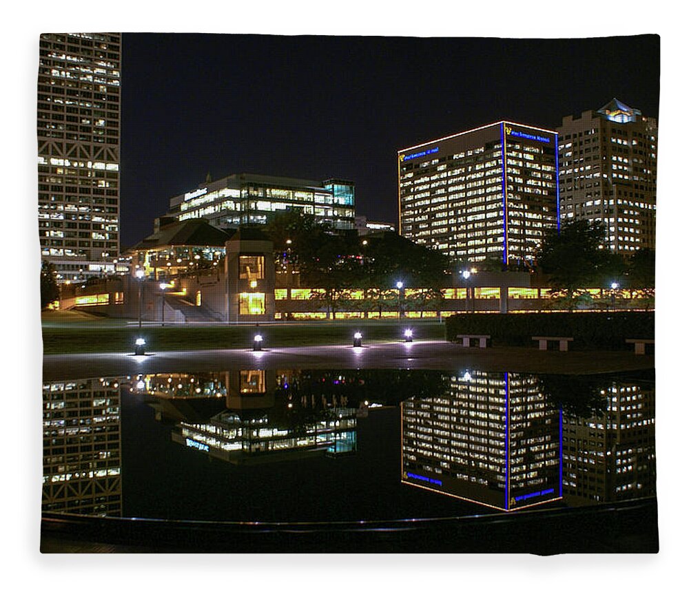 Skyline Reflections Fleece Blanket featuring the photograph Reflections in the Fountain Pond #1 by Deb Beausoleil