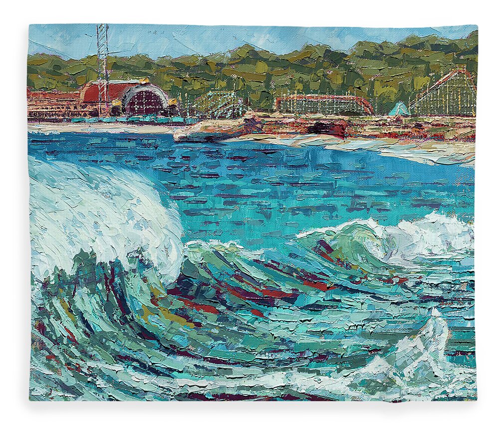 Ocean Fleece Blanket featuring the painting Santa Cruz Wave by PJ Kirk