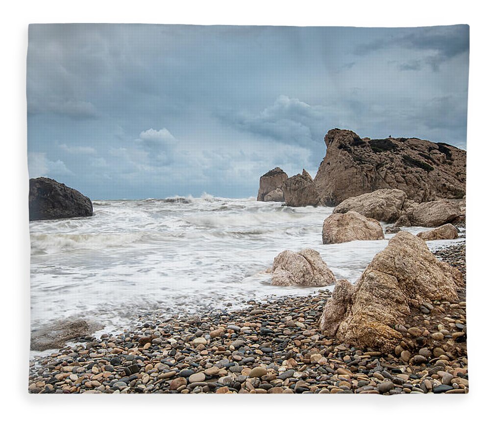 Paphos Fleece Blanket featuring the photograph Seascapes with windy waves. Rock of Aphrodite Paphos Cyprus by Michalakis Ppalis