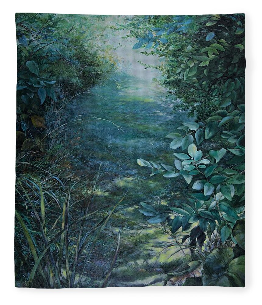 Blue Fleece Blanket featuring the painting September, Backyard by Carol Klingel