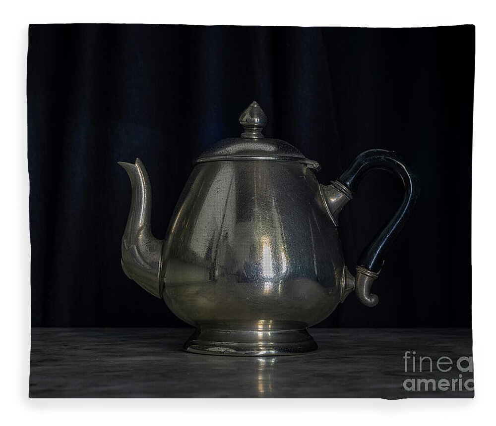 Past Fleece Blanket featuring the photograph Silver and Brass Teapots Black Background Marble Table by Pablo Avanzini
