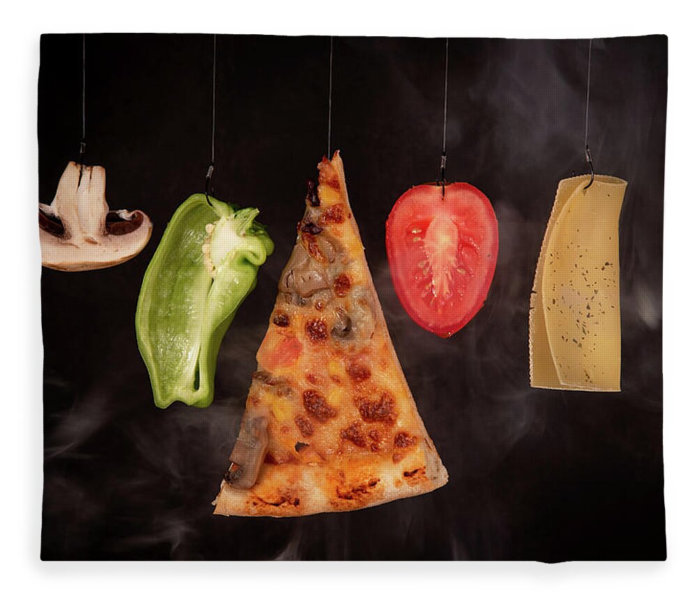 Pizza Fleece Blanket featuring the photograph Slice of mozzarella pizza tomato cheese peeper and mushroom ingredients by Michalakis Ppalis