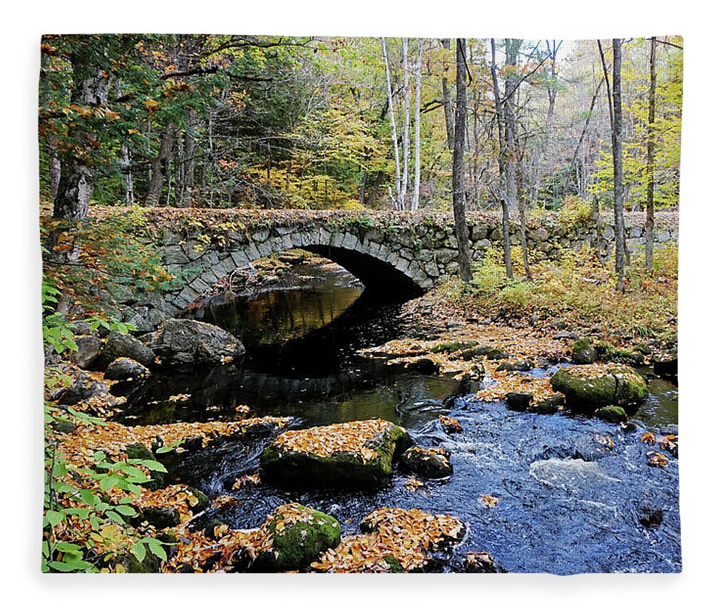 Stone Arch Autumn New England Hampshire Nh Bridge Water Stream Trout Fishing Leaves Foliage Fall Brook Fleece Blanket featuring the photograph Stone Arch Bridge in Autumn by Wayne Marshall Chase