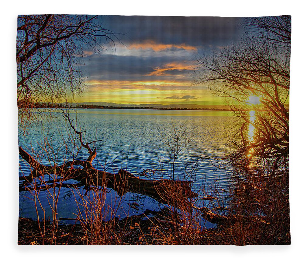 Autumn Fleece Blanket featuring the photograph Sunset Over Lake Framed By TreesSunset Over Lake Framed By Trees by Tom Potter