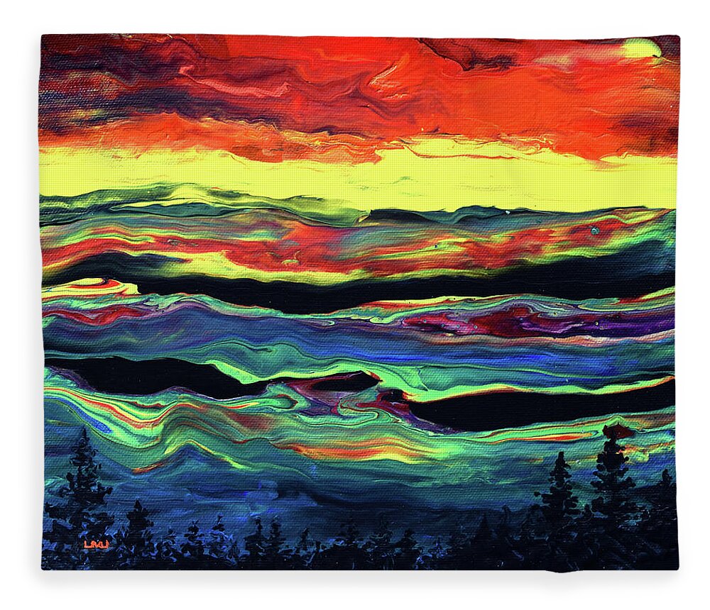 Pine Trees Fleece Blanket featuring the painting Sunset Over the Mountains Abstract by Laura Iverson