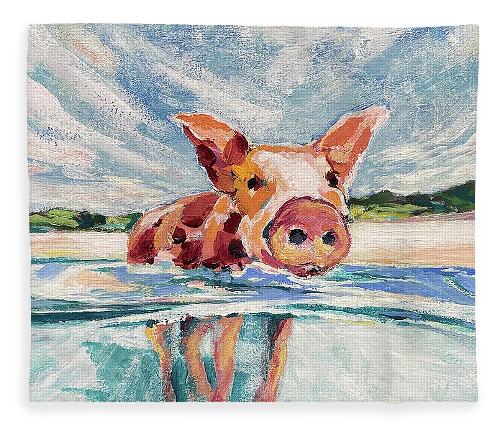 Pig Fleece Blanket featuring the painting Swimming Pig #1 by AnneMarie Welsh