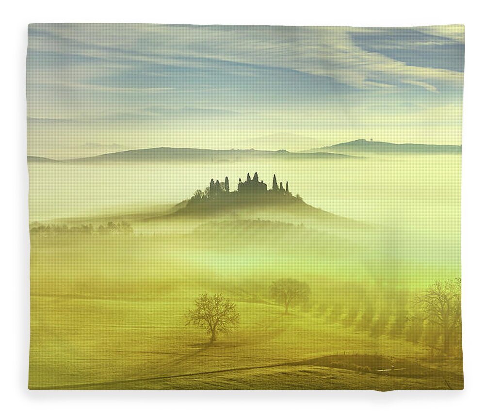 Tuscany Fleece Blanket featuring the photograph Farmland in a Foggy Morning by Stefano Orazzini